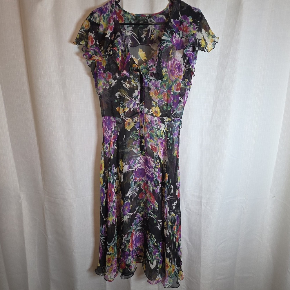 Lauren Ralph Lauren Silk Floral Short Sleeved Midi Dress Size 8 No Lining